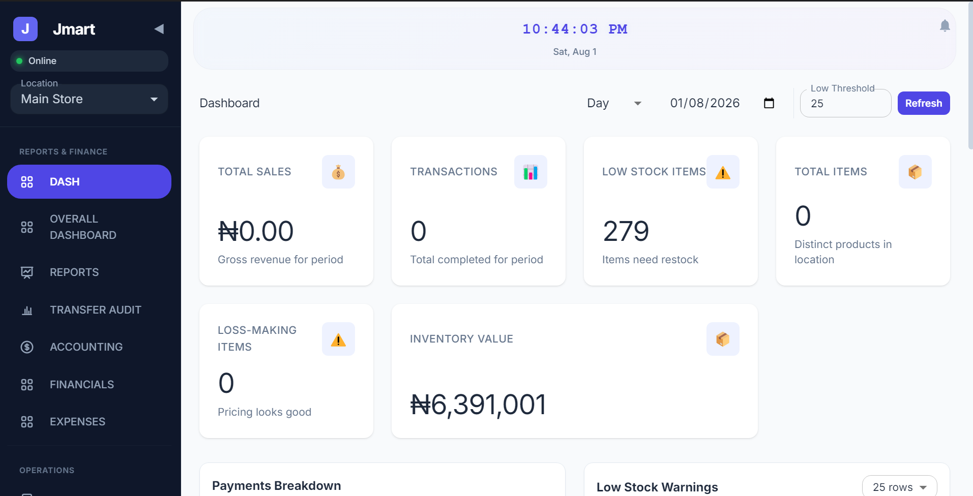 Jmart POS Light Mode Dashboard